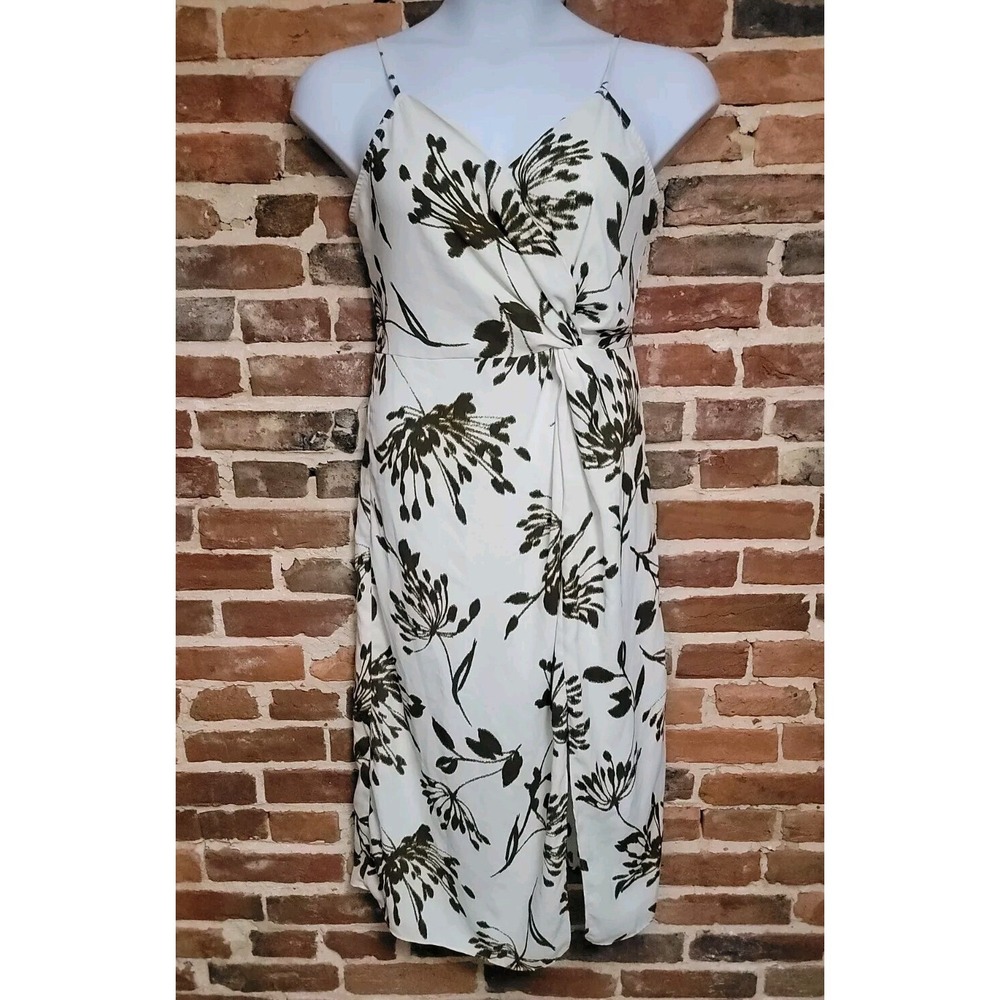Worthington Strappy Dress Womens Medium Ivory Floral Pleated Front Slit Back Zip